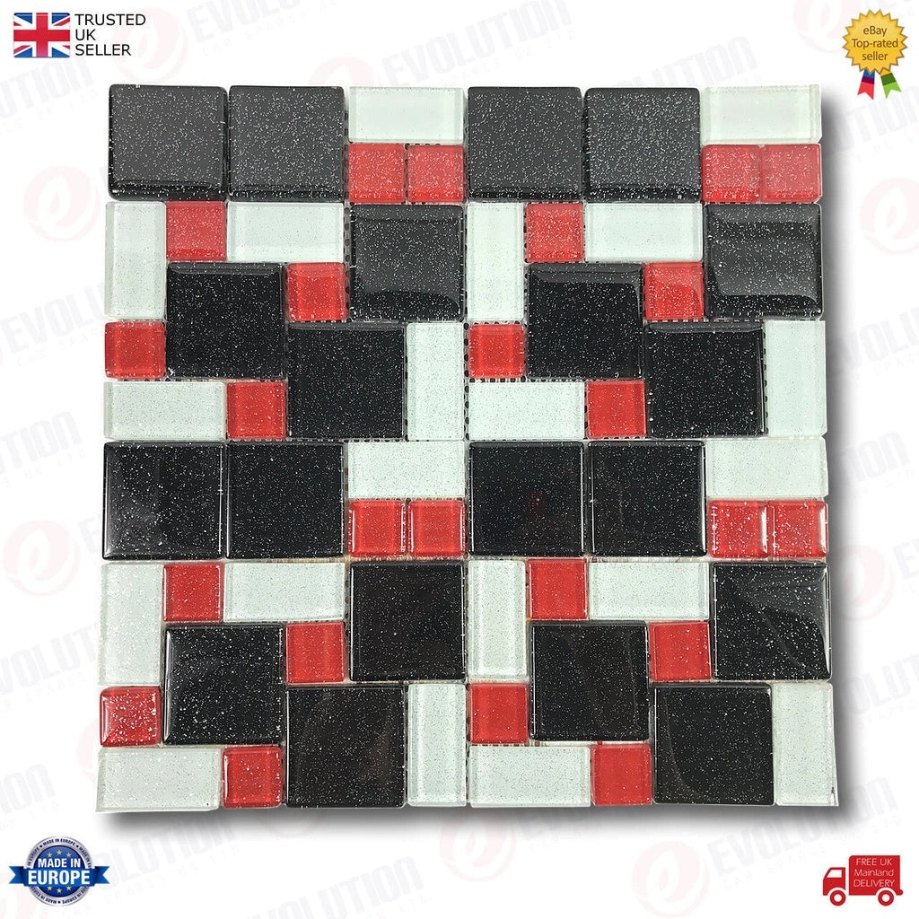 30X30CmGlassMosaicWallTileSheetBlack&RedWithGlitterDetails