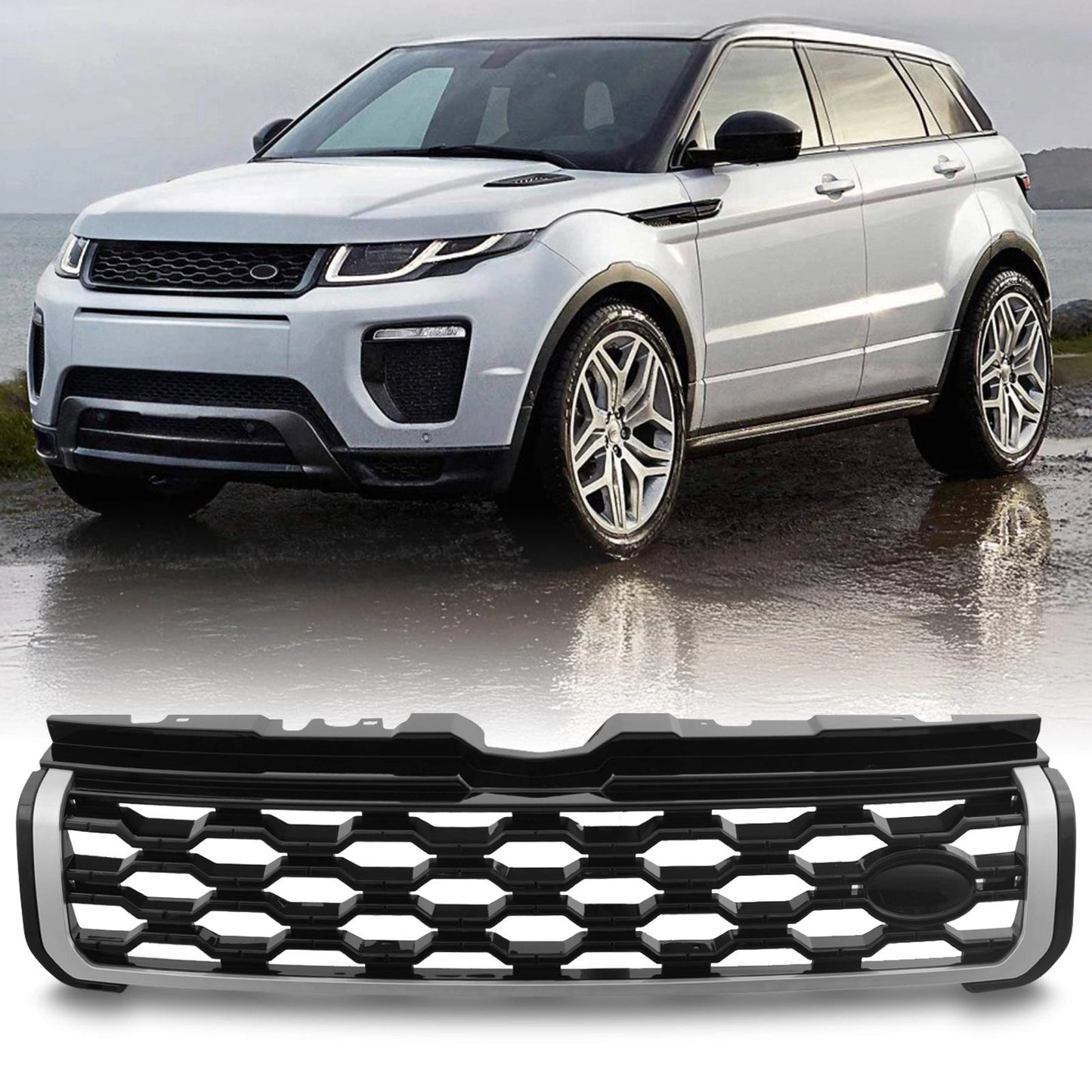 Predator4x4FrontBlack&SilverHexStyleToFitLandRoverRangeRoverEvoque10-17
