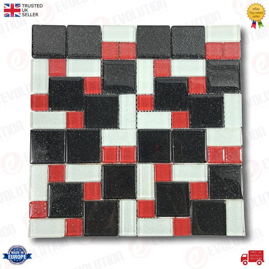 30X30CmGlassMosaicWallTileSheetBlack&RedWithGlitterDetails