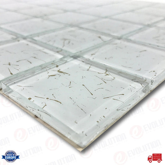 30X30CmGlassMosaicWallTilesSheetWhiteWithGoldenSplashPattern(1Pc)
