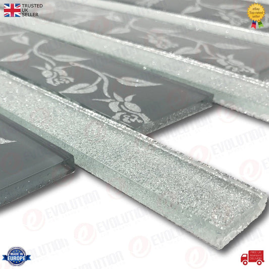 30X30CmInterlockingGlassWallTileSheetSilverGreyWithFlowerDetails