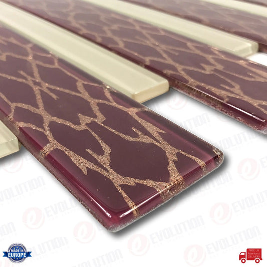 30X30CmInterlockingGlassWallTileBeige&MaroonWithBronzeDetails