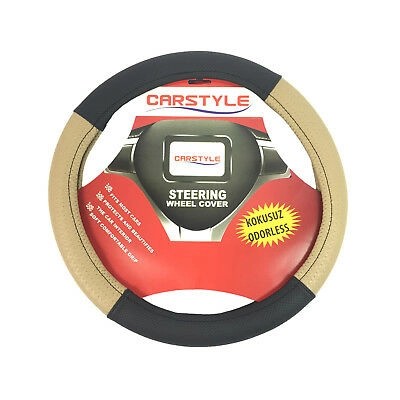 Black&BeigeLuxuryLeatherLookCarSteeringWheelCoverGloveUniversalGrip
