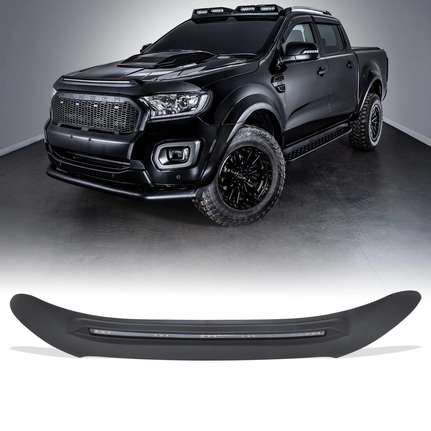 FordRangerT7T82015-2022SmokedBlackBonnetGuardWithLEDLights