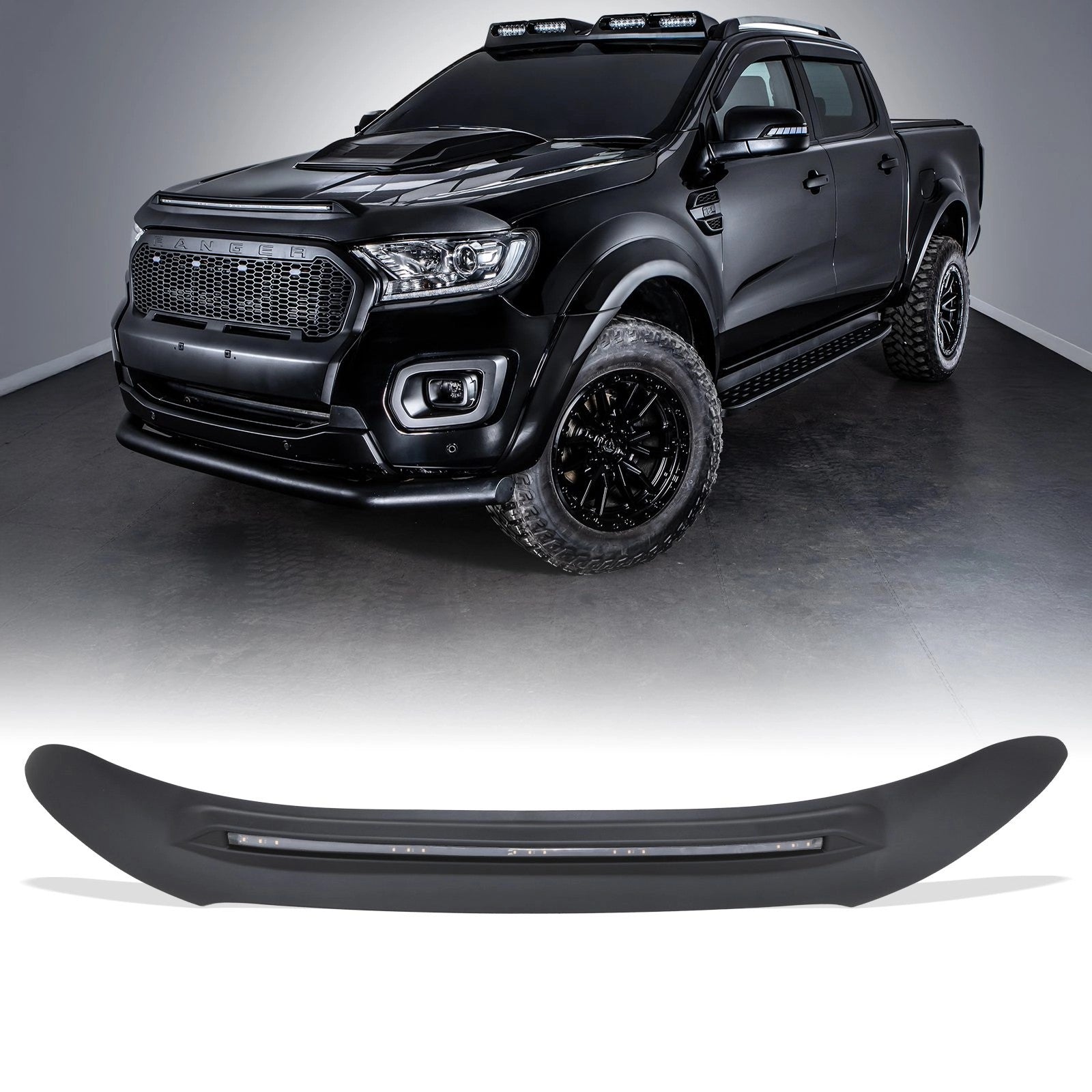 FordRangerT7T82015-2022SmokedBlackBonnetGuardWithLEDLights