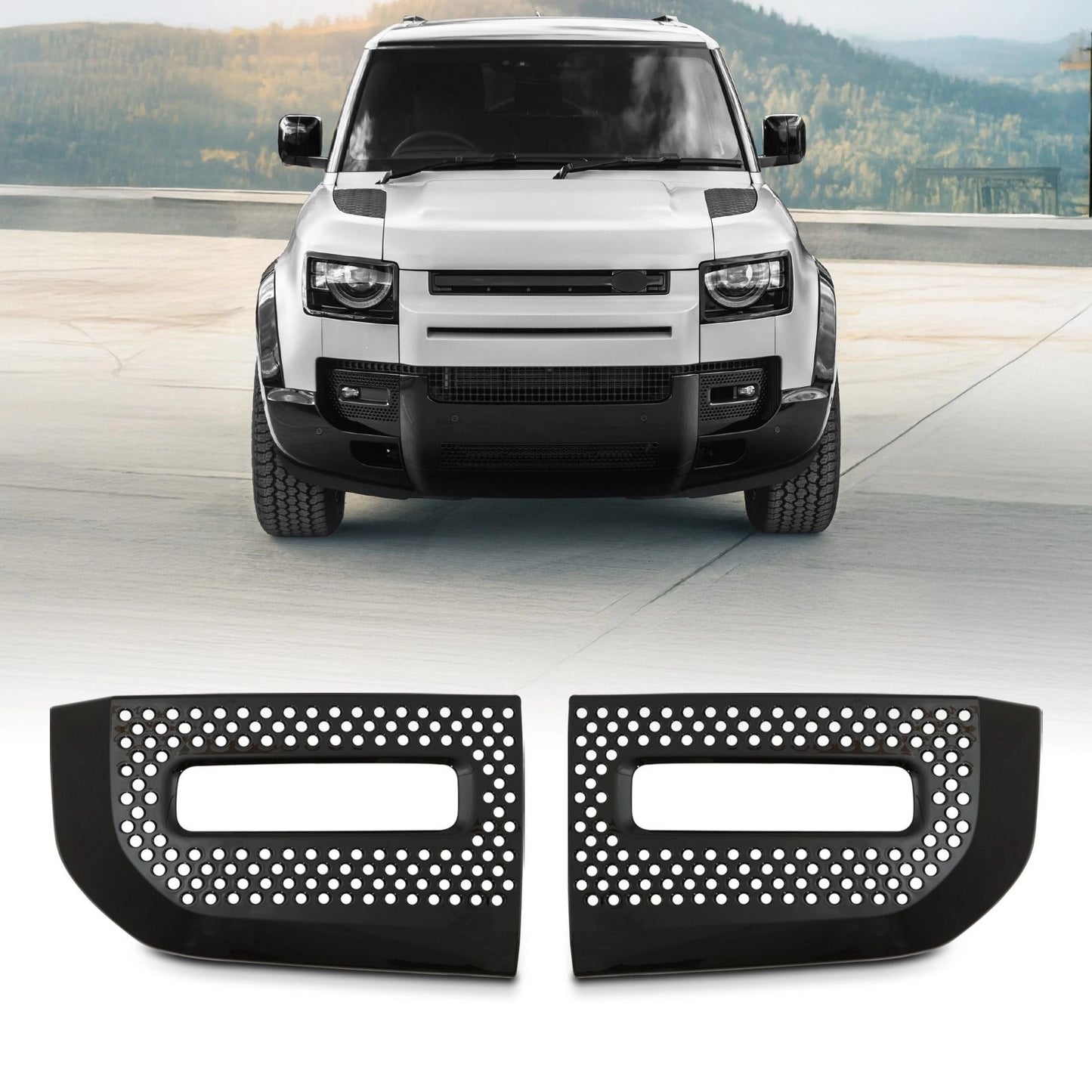 Predator4x4GlossBlackFrontFOGLightSurroundsToFitLandRoverDefenderL6632020+