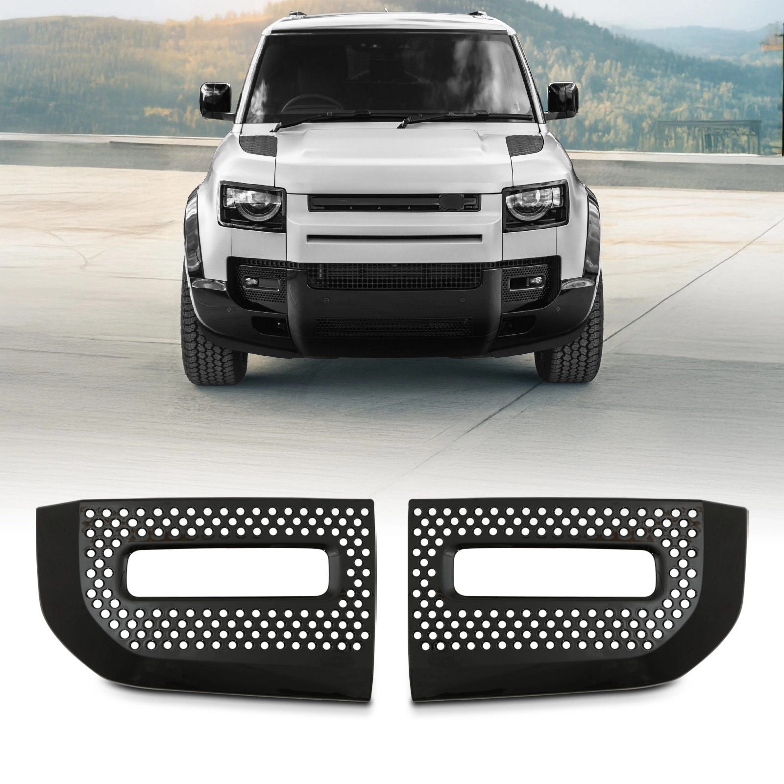Predator4x4GlossBlackFrontFOGLightSurroundsToFitLandRoverDefenderL6632020+