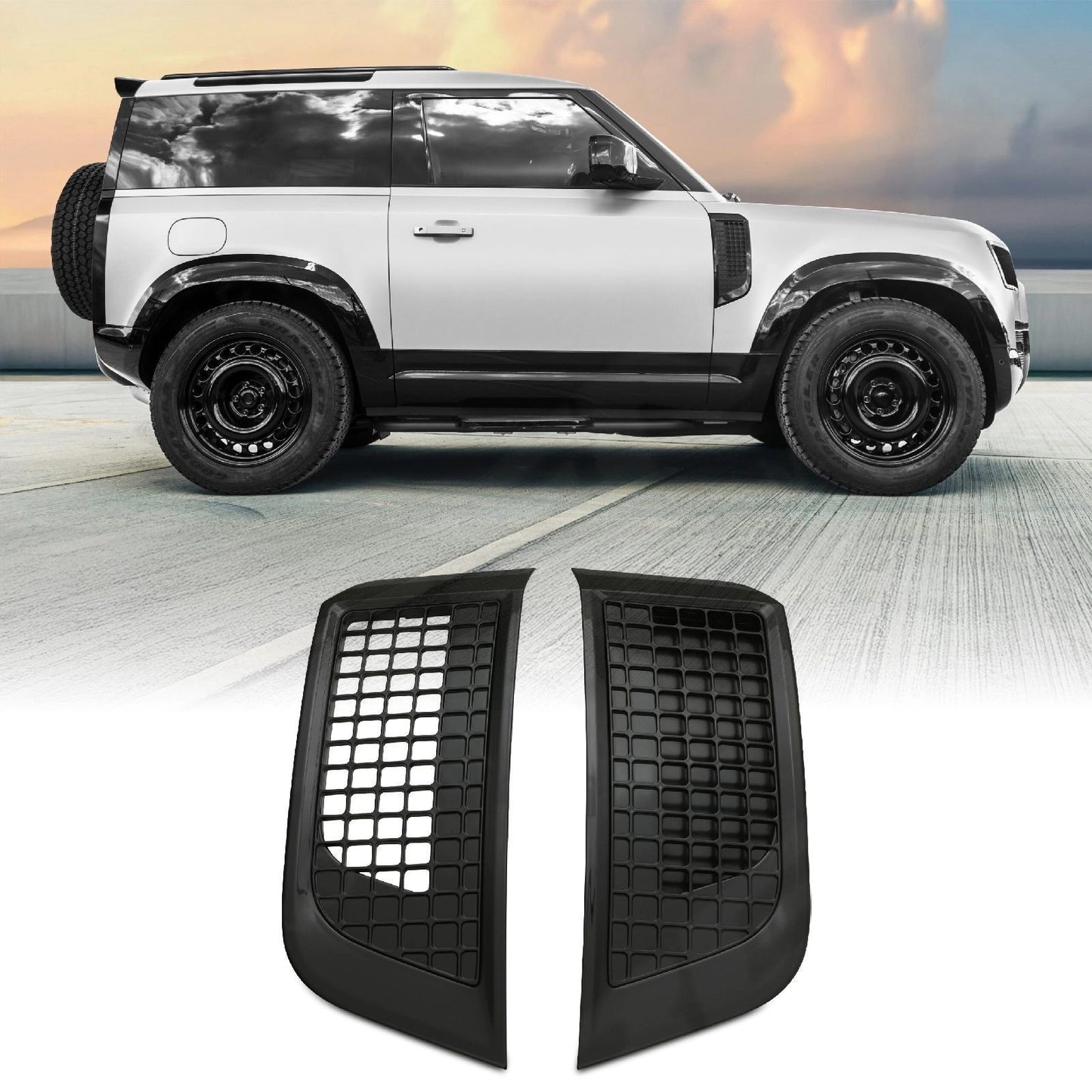 Predator4x4GlossBlackFrontWingSideVentsToFitLandRoverDefenderL6632020+