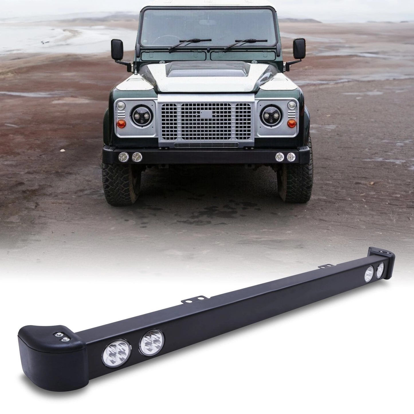 Predator4x4SteelFrontBumperRoundLEDSpotLightBarToFitLandRoverDefenderLd2.22.4TD483-16