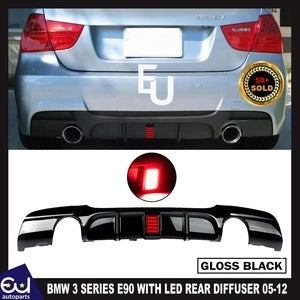 RBMW3SERIESE90E91MSPORTREARDIFFUSERDUALEXHAUSTSGLOSSBLACKW/LED