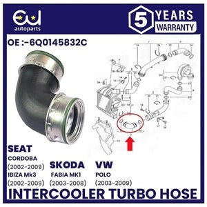 RVWPOLOSEATIBIZASKODAFABIA1.9TDIINTERCOOLERTURBOHOSEPIPE6Q0145832C
