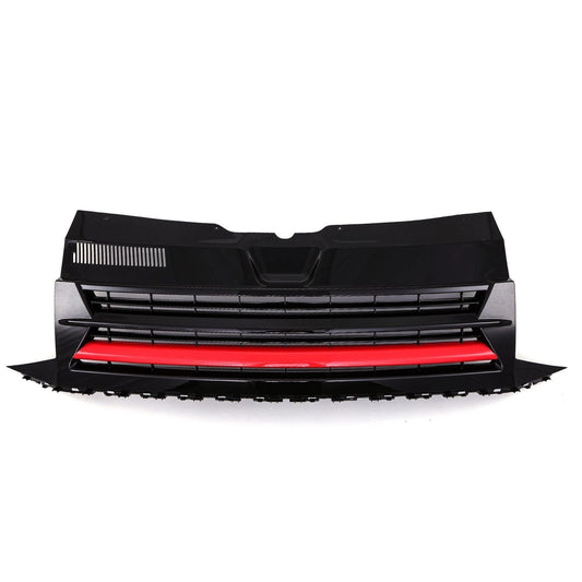 VWTransporterT616-19GlossBlackBadgelessFrontBumperGrilleRedTrim